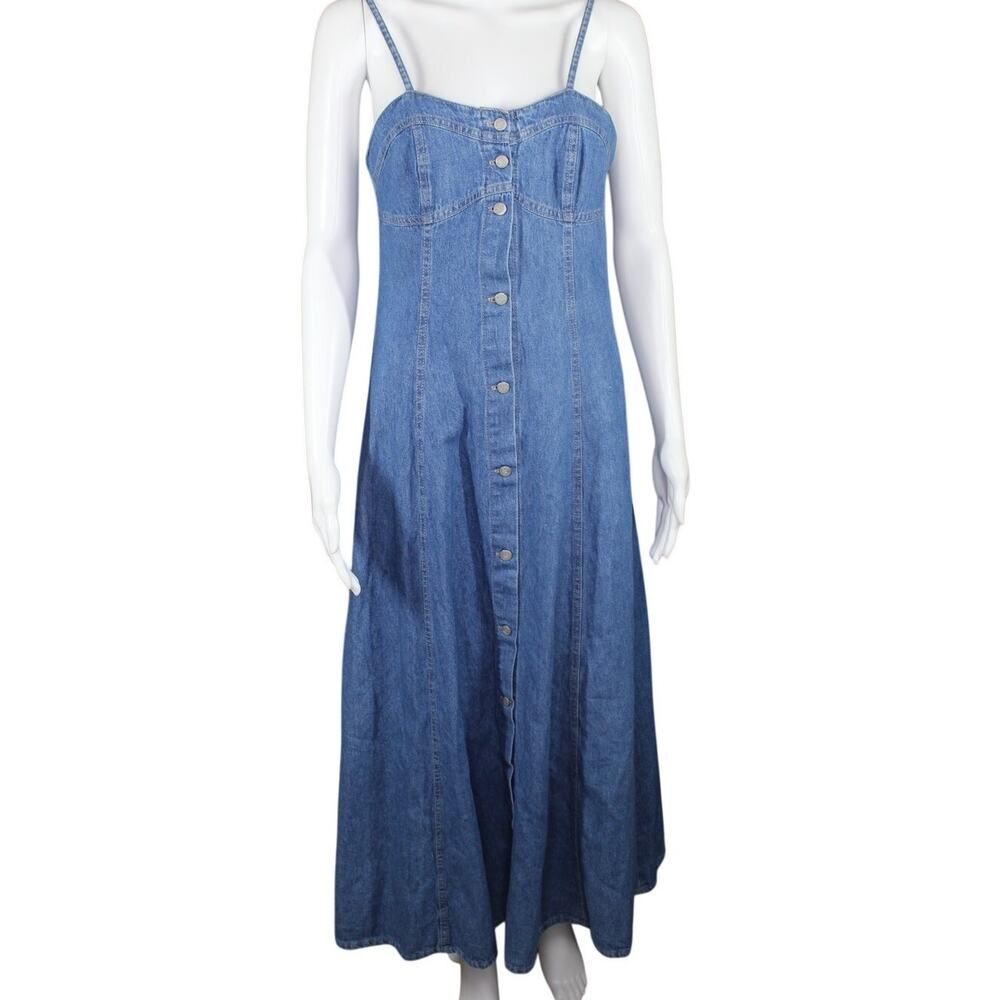 Vintage 90's Y2K Moda International Denim Maxi Dress Size 6 Straps Button